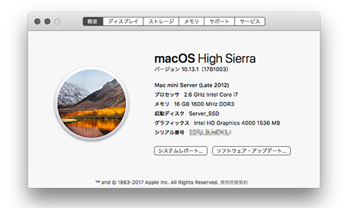 macOS High Sierra バージョン 10.13.1（17B1003）
