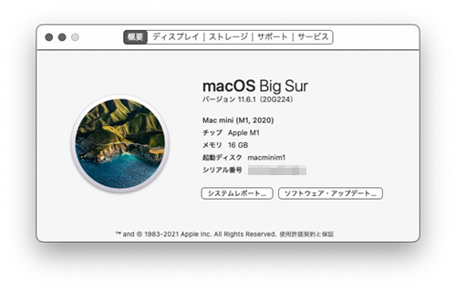 Mac mini M1 2020 macOS Big Sur バージョン 11.6.1 20G224 - Studio Milehigh