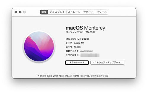 Mac mini M1 2020 macOS Monterey バージョン 12.0.1 21A559 - Studio Milehigh